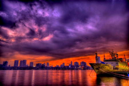 STORMY CLOUDS - sky, clouds, sunset, stormy, sea, boat