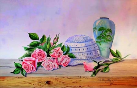 'Knitted Hat' - roses, hat, creative pre-made, watercolors, pretty, paintings, lovely still life, draw and paint, summer, lovely, vase, nature, love four seasons, beautiful, pink, seasons, knitting, sweet, beloved valentines, flowers, colors