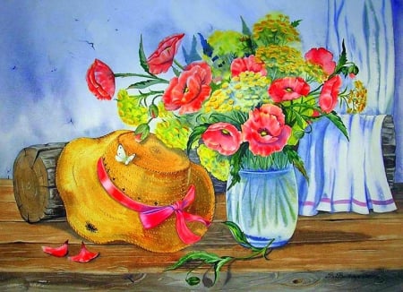 'An Old Hat' - pretty, summer, creative pre-made, butterflies, flowers, butterfly designs, beloved valentines, seasons, draw and paint, vase, hat, beautiful, paintings, colors, lovely, still life, lovely still life, bright, love four seasons