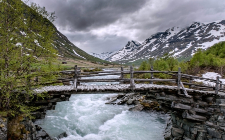 The Old Bridge - mountains, bridge, snow, river