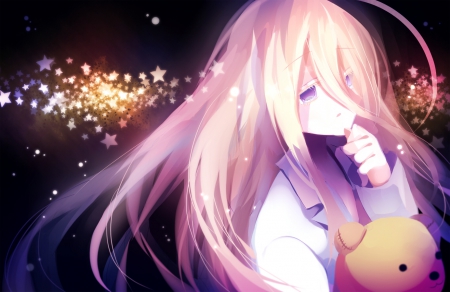 Sad Girl - pretty, anime, yellow, female, pink, long hair, stars, purple, sad, teddy bear, pink hair, art, beautiful, girl, beauty, lovely, sweet, glow, black, lady, woman, soft