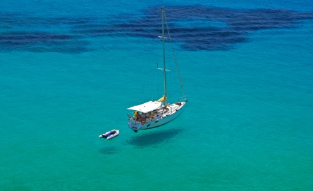 Crystal & Turquoise Sea - Ibiza, Mediterranean Sea, summer, sailboat, beautiful, levitation, holidays, Spain