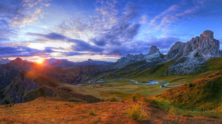 Giau Pass Sunset, Italy - valley, sky, dolomites, sunset, road, beautiful, clouds, alps, high mountain pass, grass