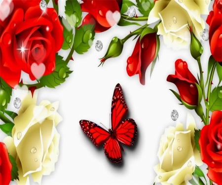 Butterfly Roses - roses, sparkle, leaves, flowers, colorful, white, red, green, bright, butterfly, diamonds, floral art, hearts