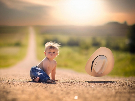 Gone with the wind - bokeh, baby, hat, road, space, wind, gone with the wind