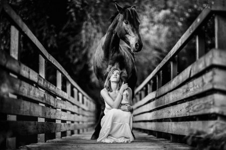 A precious moment - woman, black and white, horse, a precious moment