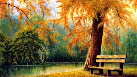 Sit and Relax - relaxing, view, autumn, lake, leaves, bench