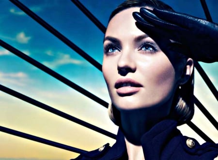 Candice Swanepoel - blue, girl, beauty, glove, black, woman, model, Candice Swanepoel, face