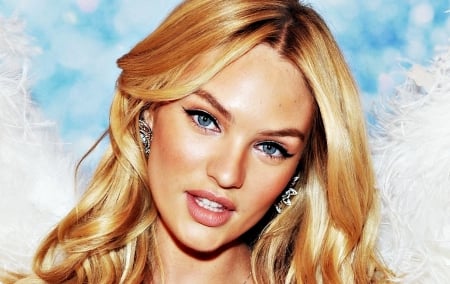 Candice Swanepoel - woman, angel, girl, blue eyes, wings, model, white, face, feather, candice swanepoel, blonde