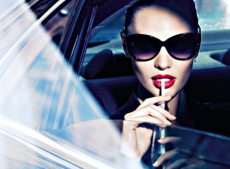 Candice Swanepoel - woman, girl, car, red, blue, sunglasses, candice swanepoel, model