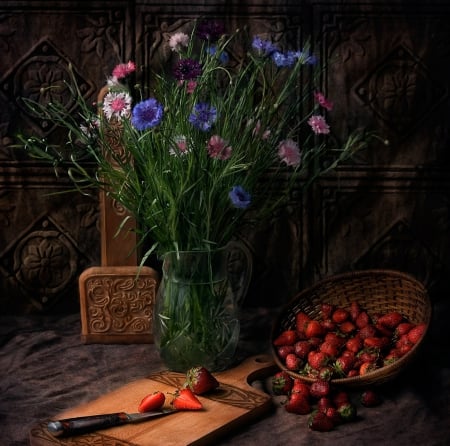 Still Life - flowers, Strawberries, knife, gorgeous