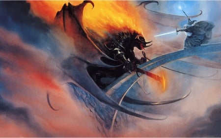 Lord of the rings - wings, fantasy, gandalf, art, red, wizard, blue, man, orange, digital, lord of the rings, demon