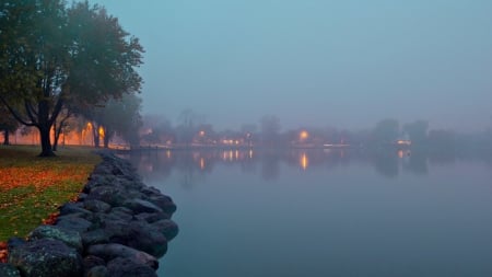 autumn evening on a foggy lake - trees, shore, fog, autumn, lights, evening, lake