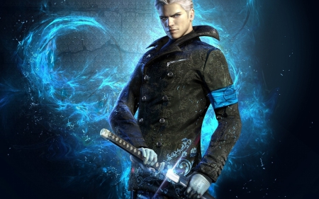 Virgil - sword, black, game, blue, devil may cry, blond, fantasy, virgil, guy, man