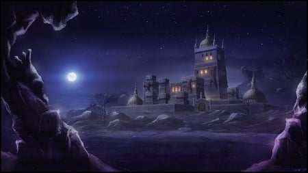 Castle - moon, blue, night, dark, fantasy, purple, halloween, art, castle