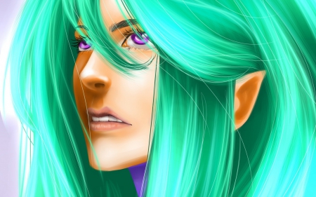 Elf - elf, fantasy, amethyst eyes, purple, green, digital, art, pink