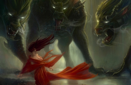 Trapped - wolves, girl, red, monster, hungry, huge, flaming