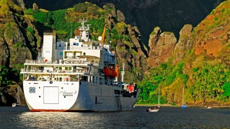 Marquesas, South Pacific - nature, volcano, ship, sea, bay