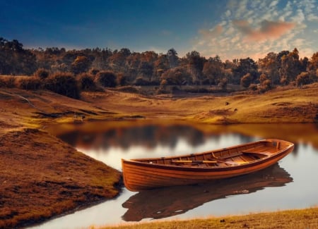 Autumn at the lake - forest, mirror, boat, beautiful, oars, grass, l ake, tree, nature, sunset, autumn, fall, water, serenity, lake, sky, pond, reflection, clouds, trees, calm, tranquil