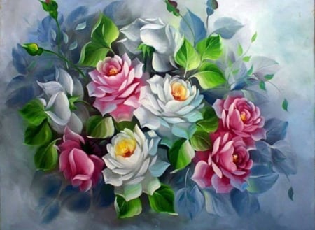 Beautiful Roses - white, painting, art, beautiful, pink, rose