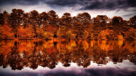 autumn forest reflected in lake hdr - reflections, clouds, autumn, hdr, lake, frest