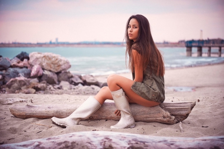 women - marina beach, glance, boots, portrait