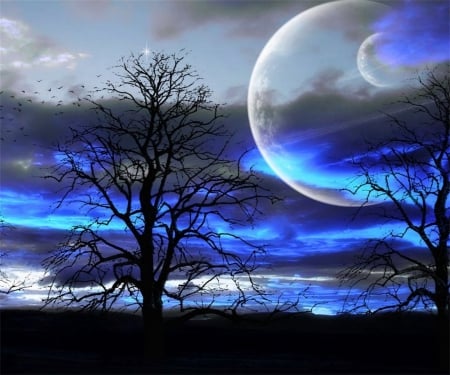 Bad Moon Rising - black, planets, blue, white, fantasy, bright, moon, trees, two, colorful