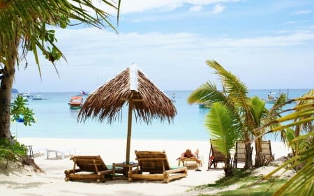 Tropical Beach - umbrella, palms, summer, chairs, sea, sand