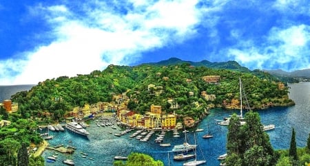 Village of Portofino_Italy - town, landscapas, view, port, sun, clouds, ship, sea, city, architecture, Italia, village, green, Italy, panorama, Portofino, antique