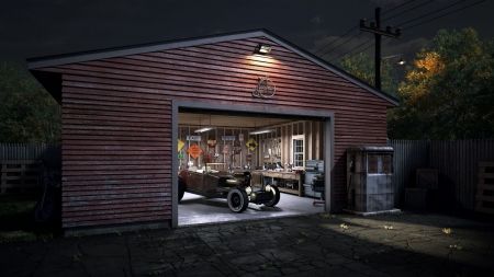 hot rod garage - garage, picture, hot rod, home