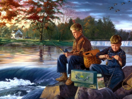 Gone Fishing - river, kids, art, fishing