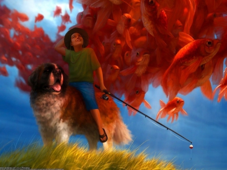 Child daydreaming - river, dog, child, fishing