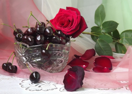 * Red rose and cherries * - flower, flowers, life, still, nature