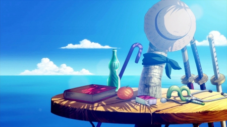 Straw Hat Pirates - wado ichimonji, cain, book, one piece, kitetsu, manga, slingshot, hat, table, cigarettes, bandana, three swords, cloud, items, anime, weapons, meito, stethoscope, sunny, strawhat pirates, soul solid, tangerine, cola, shusui, sandai, sea, day