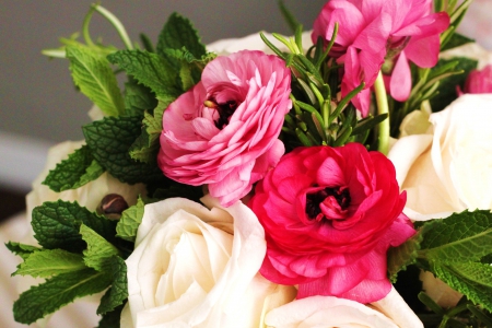 Flowers and Spices - peonies, rosemary, blossoms, roses, arrangement, melissa, bouquet