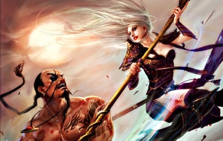 Fighting - woman, girl, dehong he, warrior, fighting, fantasy, art, game, man, digital