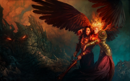 Giving power - couple, angel, wings, fire, fantasy, armor, cg, art, dark, man, red, digital