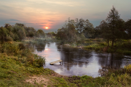 Sunset - trees, nature, sunset, river