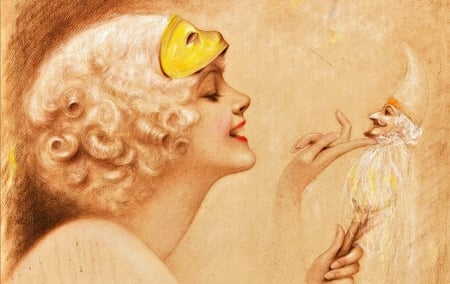 Teasing - draw, yellow, girl, blonde, orange, doll, retro, smile, mask, vintage, painting, woman, Tom Lovell, art