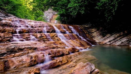 beautiful cascading falls - waterfalls, cascade, pool, forest, steps, rocks