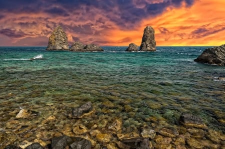 Beautiful Landscape - sky, sunset, stones, sea, rocks