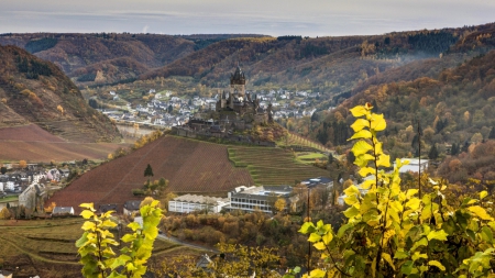 fantastic reichsburg castle in cochem germany - hill, town, view, fields, castle