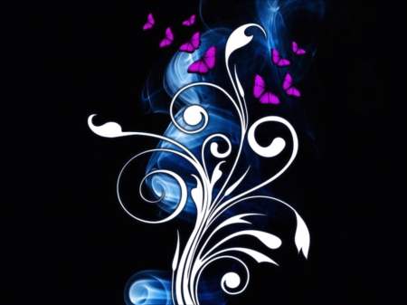 Flutter Fantasy - abstract, colorful, white, purple, blue, bright, butterflies, smoke