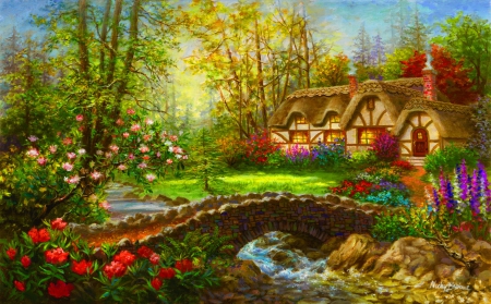 Fairytale cottage - house, trees, summer, magic, beautiful, creek, grass, river, farytale, painting, paradise, art, cottage, bridge