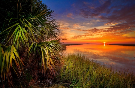 New day - sky, sunset, coast, amazing, reflection, calmness, pretty, river, grass, rays, morning, lake, day, lovely, serenity, glow, beautiful, sunrise, new