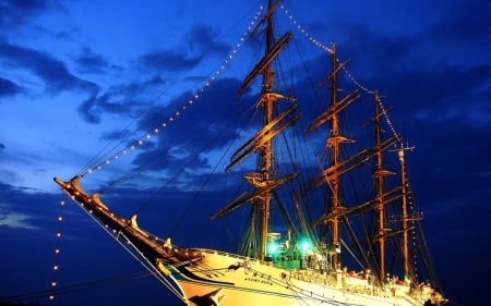 splendid japanese tall ship - docked, evening, lights, tall ship