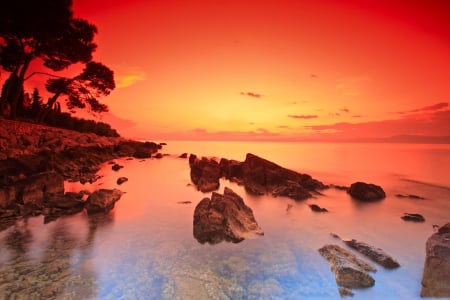 red sunset - nature, sky, ocean, red, sunset