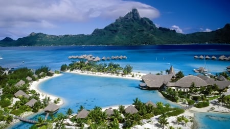 French Polynesia - pacific, palms, sea, resort, cabins