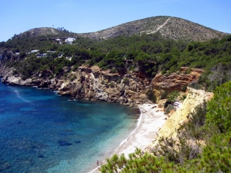 Sol d'en Serra Beach - water, beach, ocean, sand, baeaches, view, photography, lovely, trees, mountain