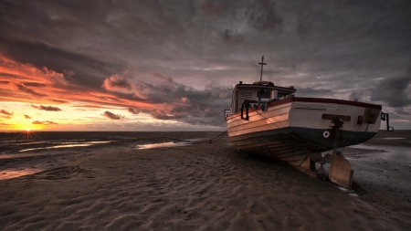 boat stranded at low tide - clouds, sunset, beach, boat, sea